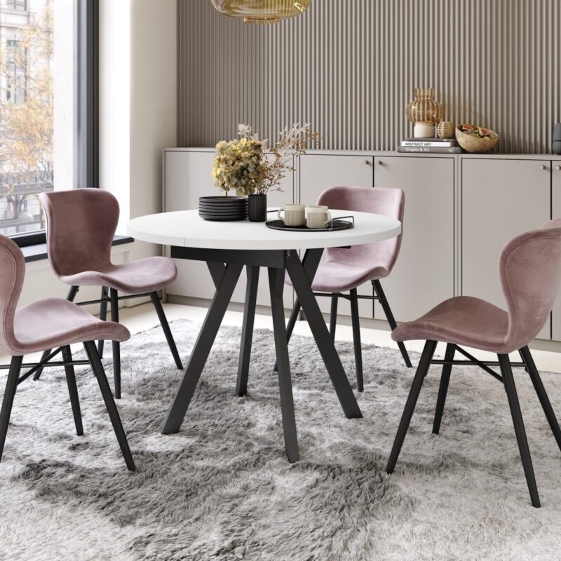 ALDO Biały - Nogi Czarne Okrągły stół rozkładany z nogami typu „Y” | Styl loftowy / industrialny