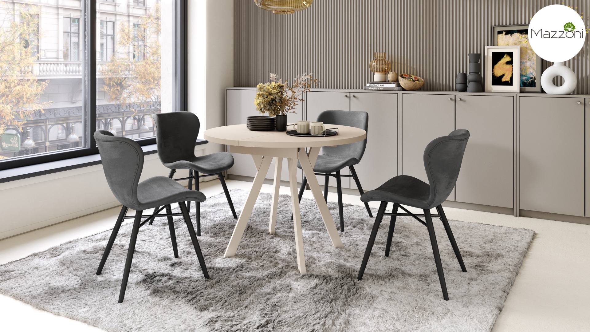 ALDO Beżowy–Nogi Beżowe Okrągły stół rozkładany z nogami typu „Y” | Styl loftowy / industrialny