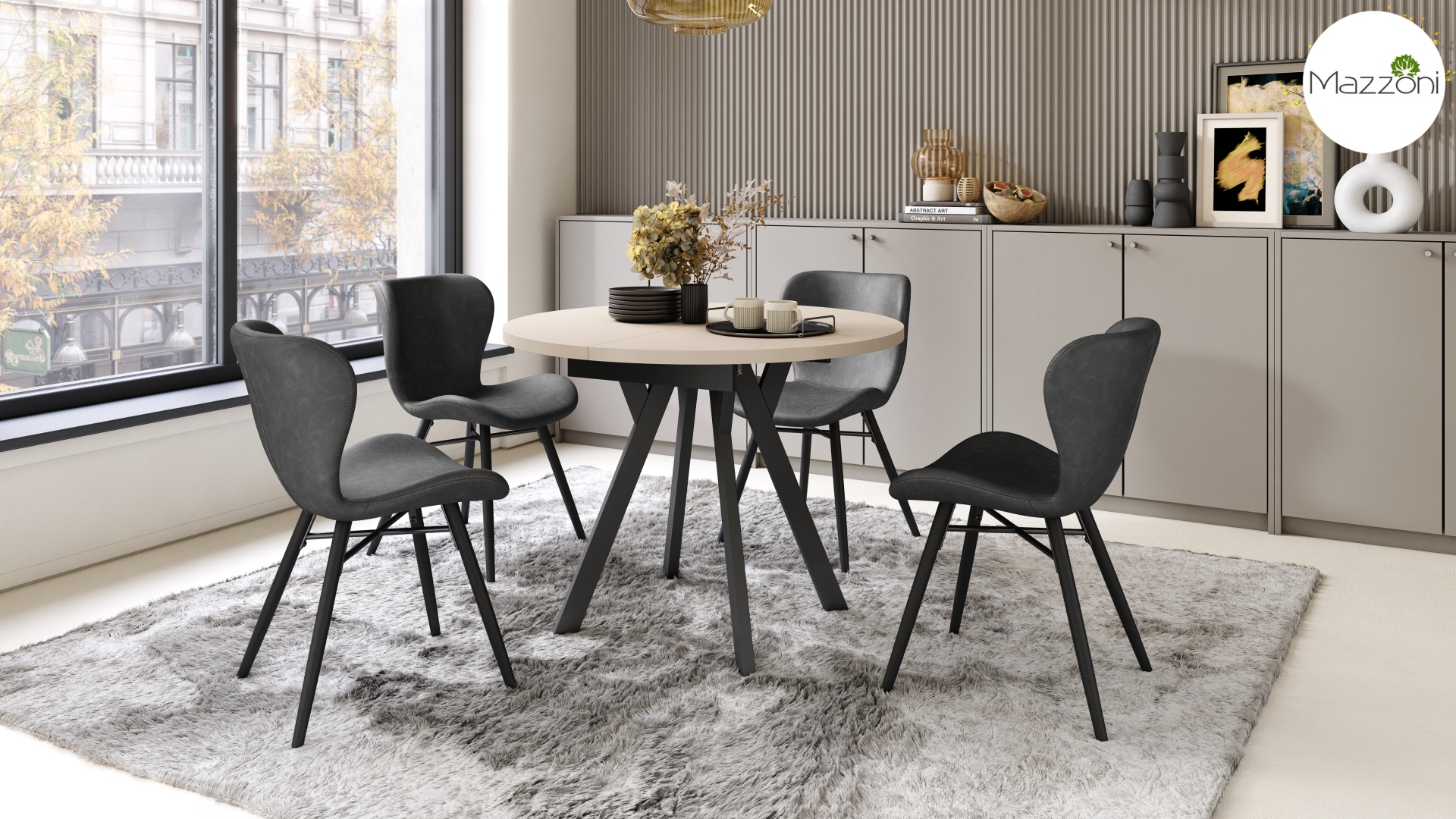 ALDO Beżowy–Nogi Czarne Okrągły stół rozkładany z nogami typu „Y” | Styl loftowy / industrialny