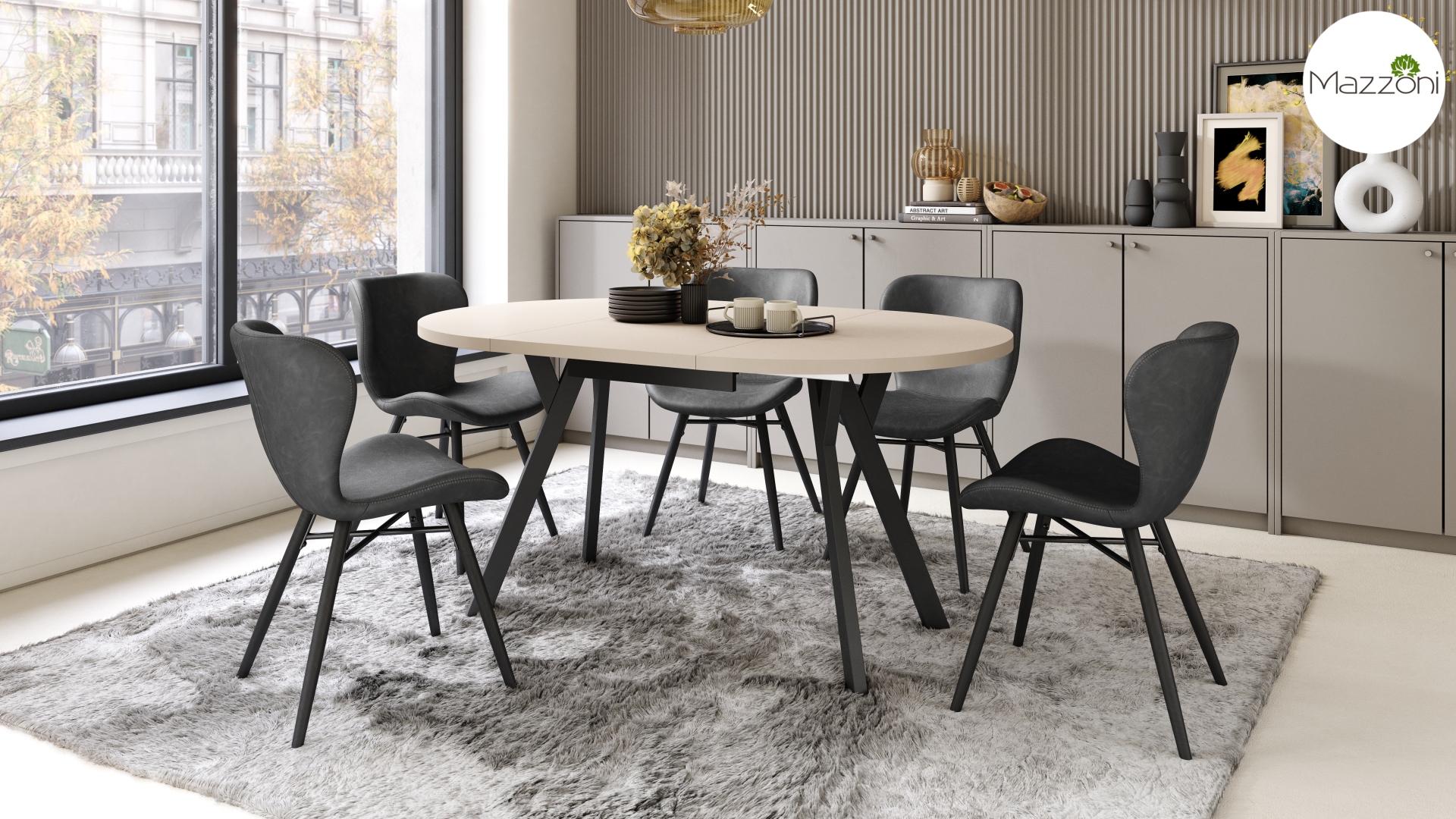 ALDO Beżowy–Nogi Czarne Okrągły stół rozkładany z nogami typu „Y” | Styl loftowy / industrialny - obrazek 2