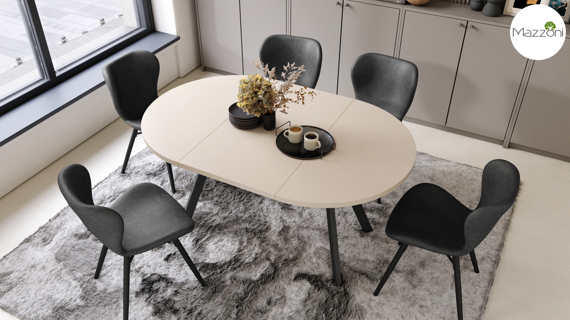 ALDO Beżowy–Nogi Czarne Okrągły stół rozkładany z nogami typu „Y” | Styl loftowy / industrialny - obrazek 5