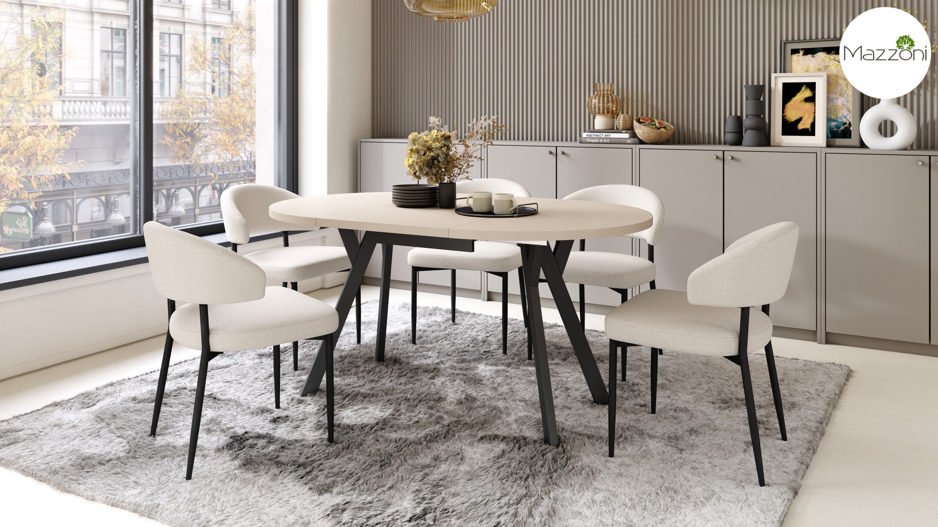 ALDO Beżowy–Nogi Czarne Okrągły stół rozkładany z nogami typu „Y” | Styl loftowy / industrialny - obrazek 3