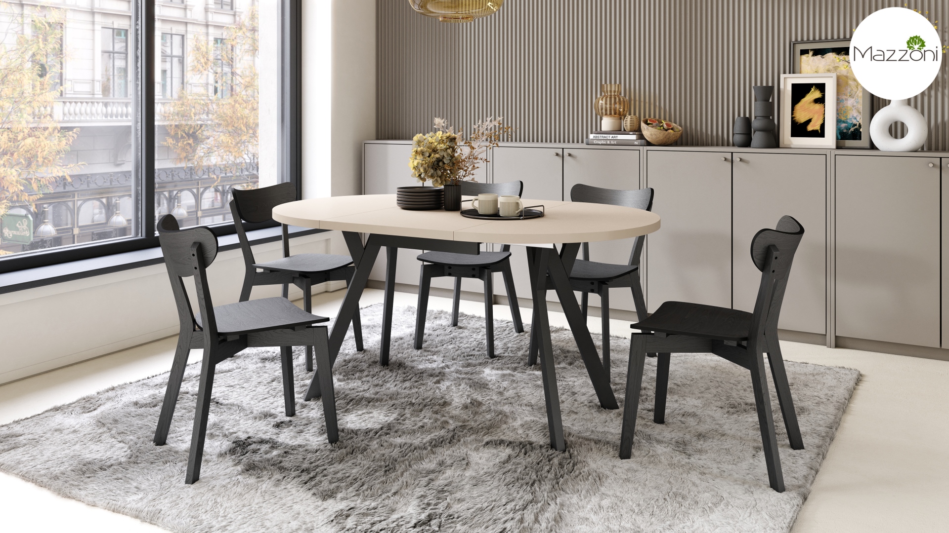 ALDO Beżowy–Nogi Czarne Okrągły stół rozkładany z nogami typu „Y” | Styl loftowy / industrialny - obrazek 4