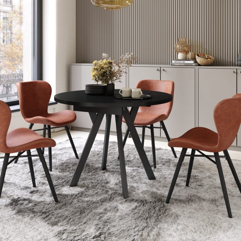 ALDO Czarny – Okrągły stół rozkładany z nogami typu „Y” | Styl loftowy / industrialny