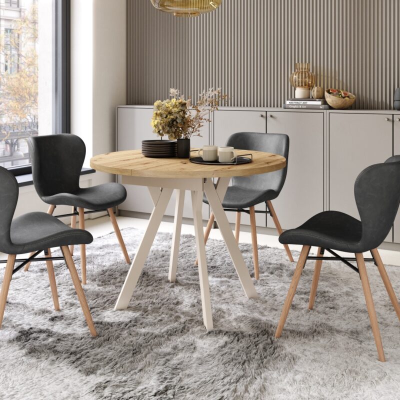 ALDO Dab_Artisan-nogi_bezowe Okrągły stół rozkładany z nogami typu „Y” | Styl loftowy / industrialny