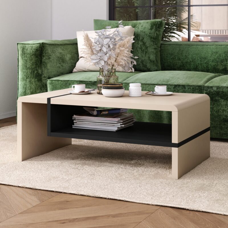 FOLK Beżowy/Czarny – Nowoczesna Ława z Półką