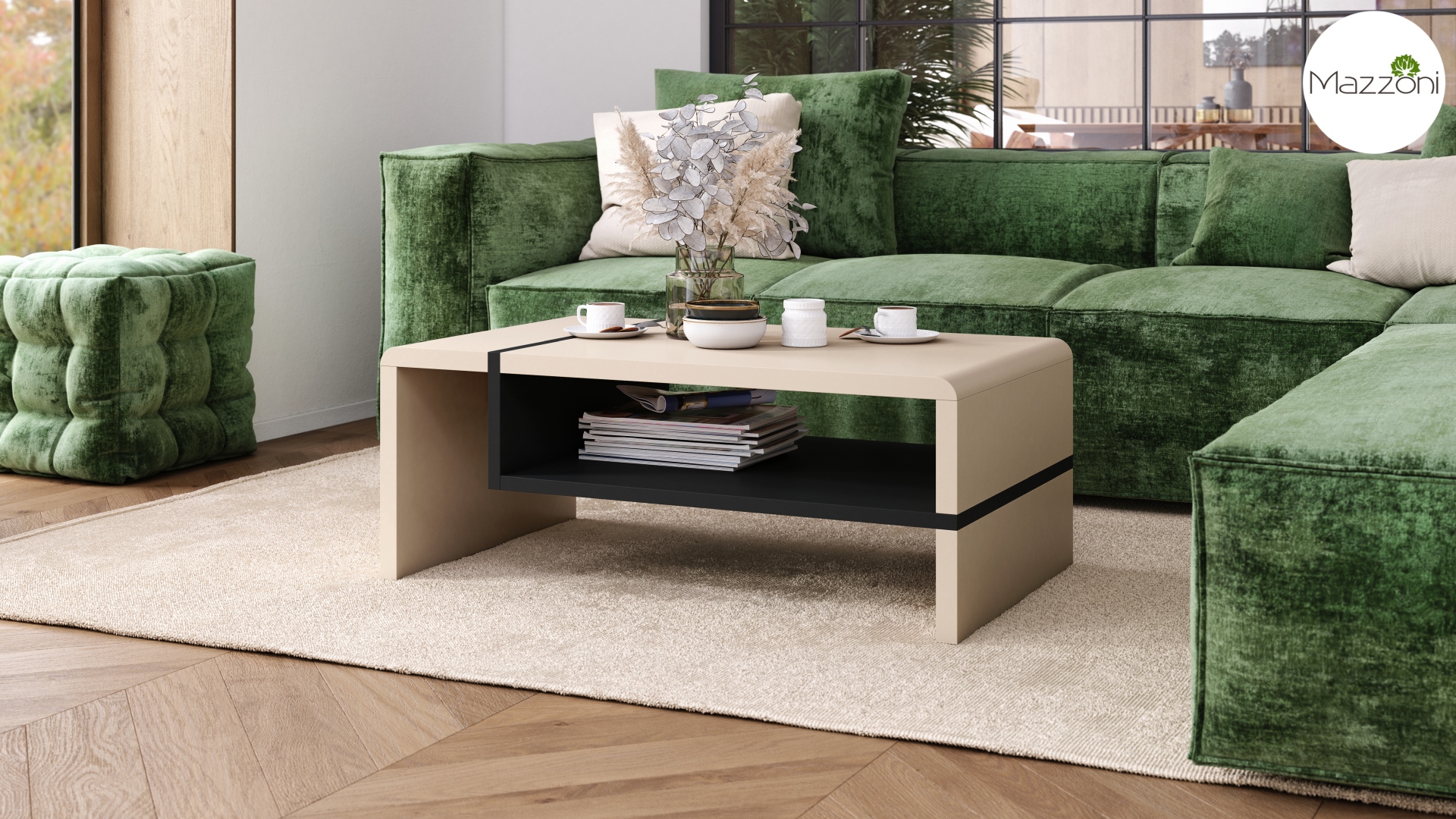 FOLK Beżowy/Czarny – Nowoczesna Ława z Półką