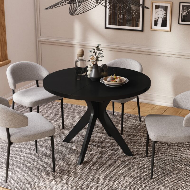 RENZO Czarny - OKRĄGŁY STÓŁ Ø110 ROZKŁADANY DO 180 cm | DO KUCHNI JADALNI SALONU RETRO