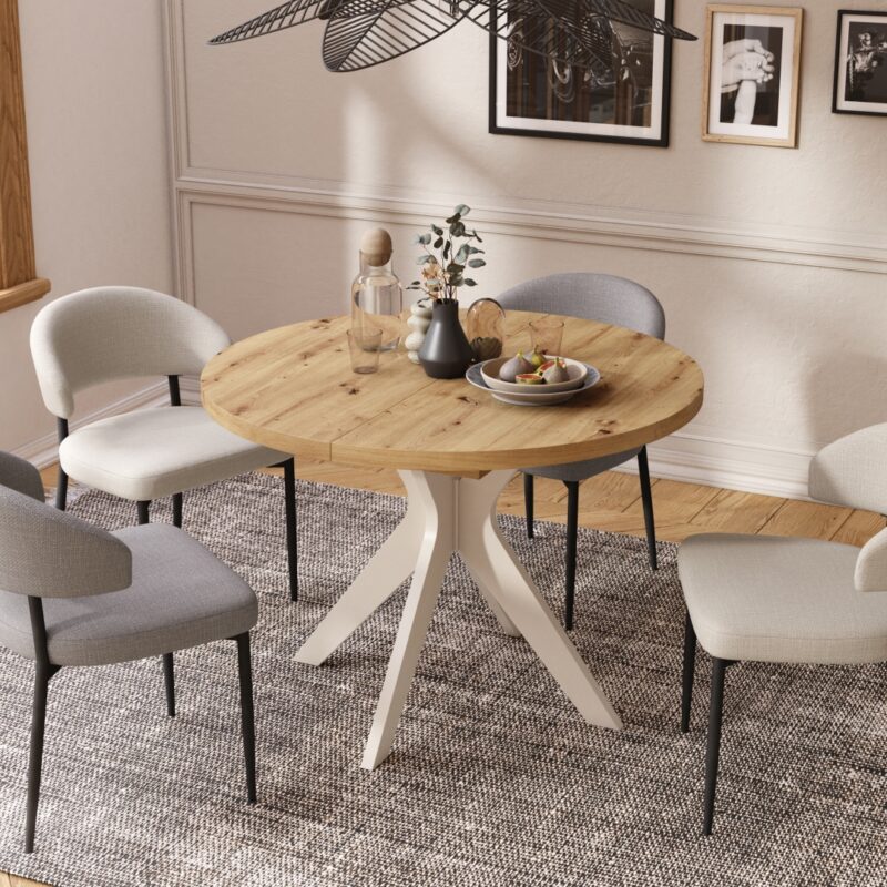 RENZO Dąb Artisan/noga beżowa (Szampańska) - OKRĄGŁY STÓŁ Ø110 ROZKŁADANY DO 180 cm | DO KUCHNI JADALNI SALONU RETRO