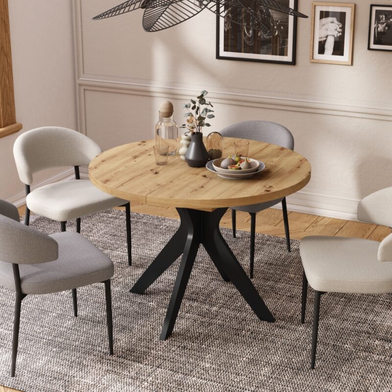 RENZO Dąb Artisan/noga czarna - OKRĄGŁY STÓŁ Ø110 ROZKŁADANY DO 180 cm | DO KUCHNI JADALNI SALONU RETRO