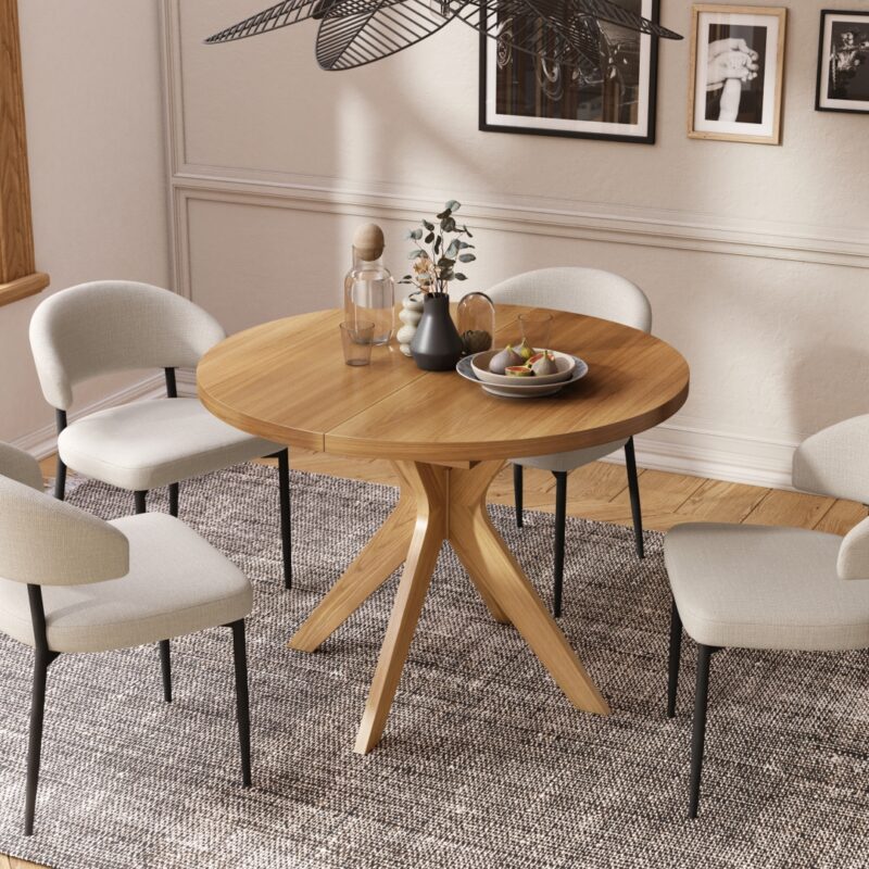 RENZO Dąb Naturalny - OKRĄGŁY DREWNIANY STÓŁ Ø110 ROZKŁADANY DO 180 cm | DO KUCHNI JADALNI SALONU RETRO