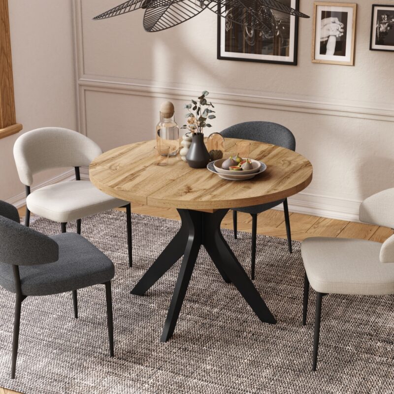 RENZO Dąb Wotan/noga czarna - OKRĄGŁY STÓŁ Ø110 ROZKŁADANY DO 180 cm | DO KUCHNI JADALNI SALONU RETRO