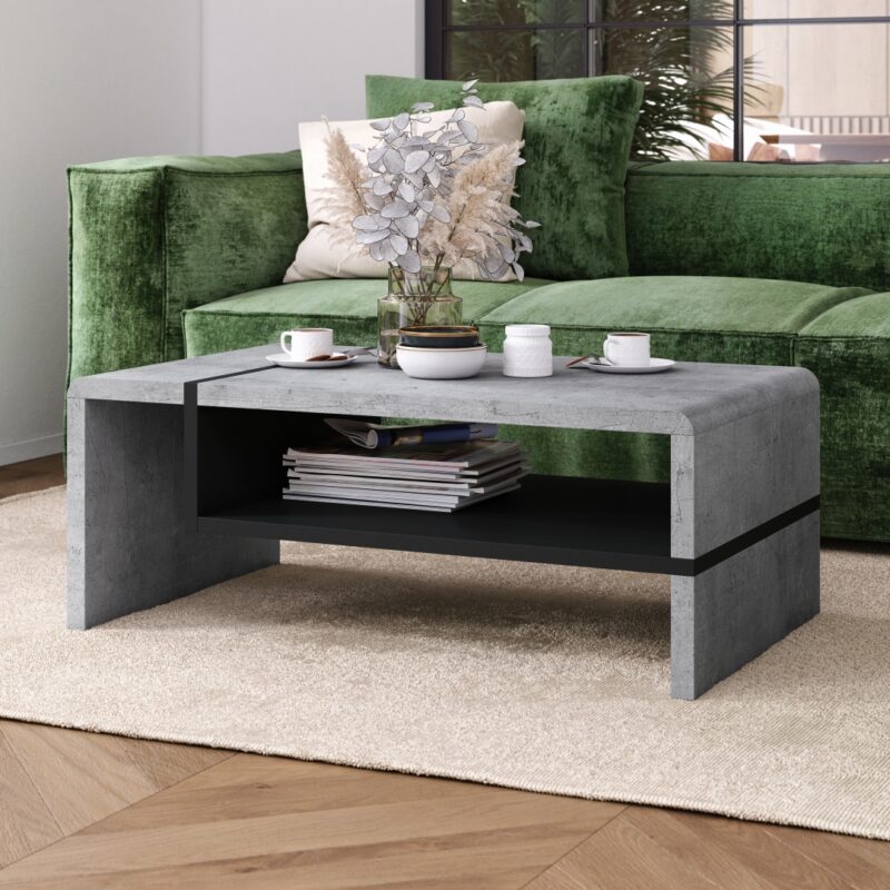 FOLK Beton Milenium/Czarny – Nowoczesna Ława z Półką