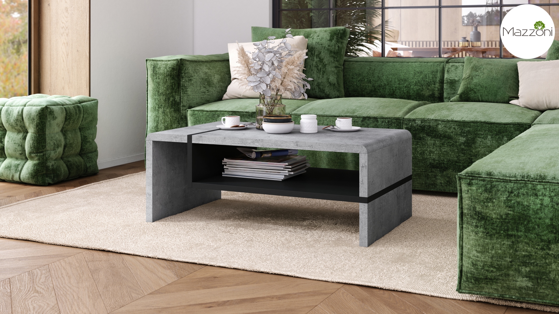 FOLK Beton Milenium/Czarny – Nowoczesna Ława z Półką