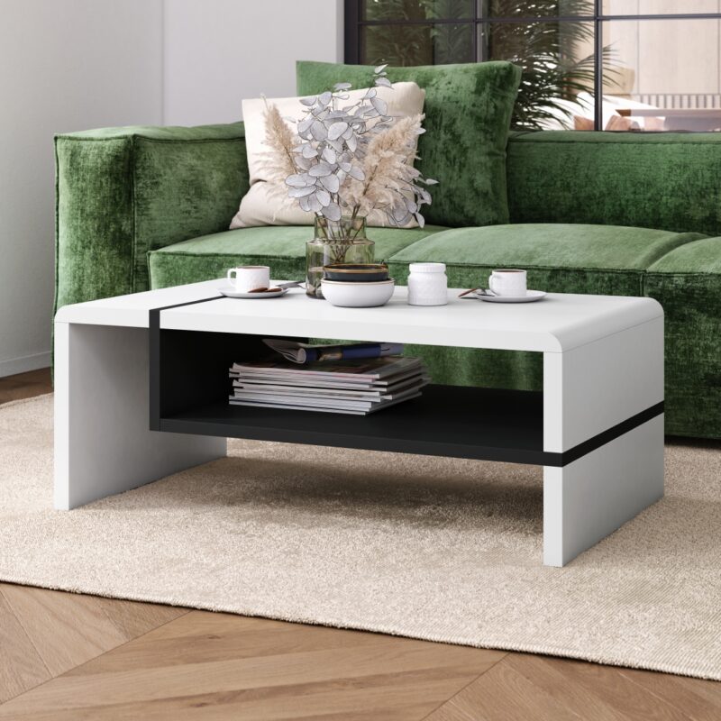 FOLK Bialy Mat/Czarny Mat– Nowoczesna Ława z Półką