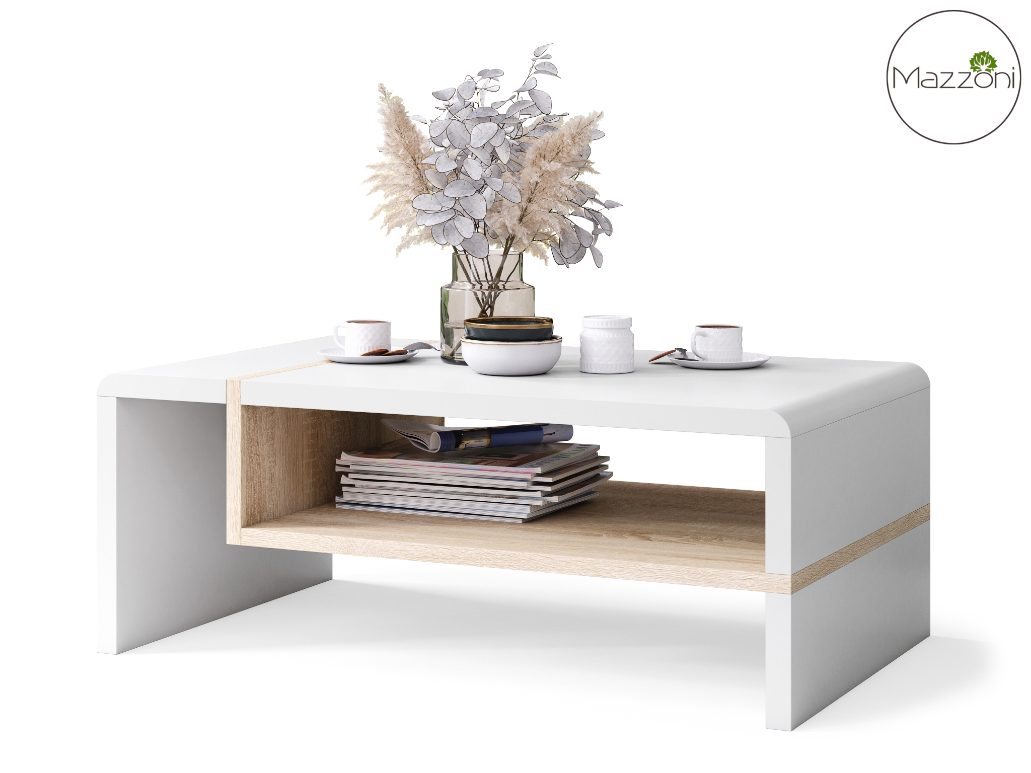 FOLK Bialy Mat/Dąb Sonoma – Nowoczesna Ława z Półką - obrazek 3