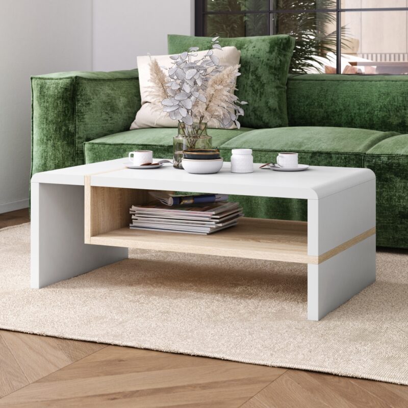 FOLK Bialy Mat/Dąb Sonoma – Nowoczesna Ława z Półką