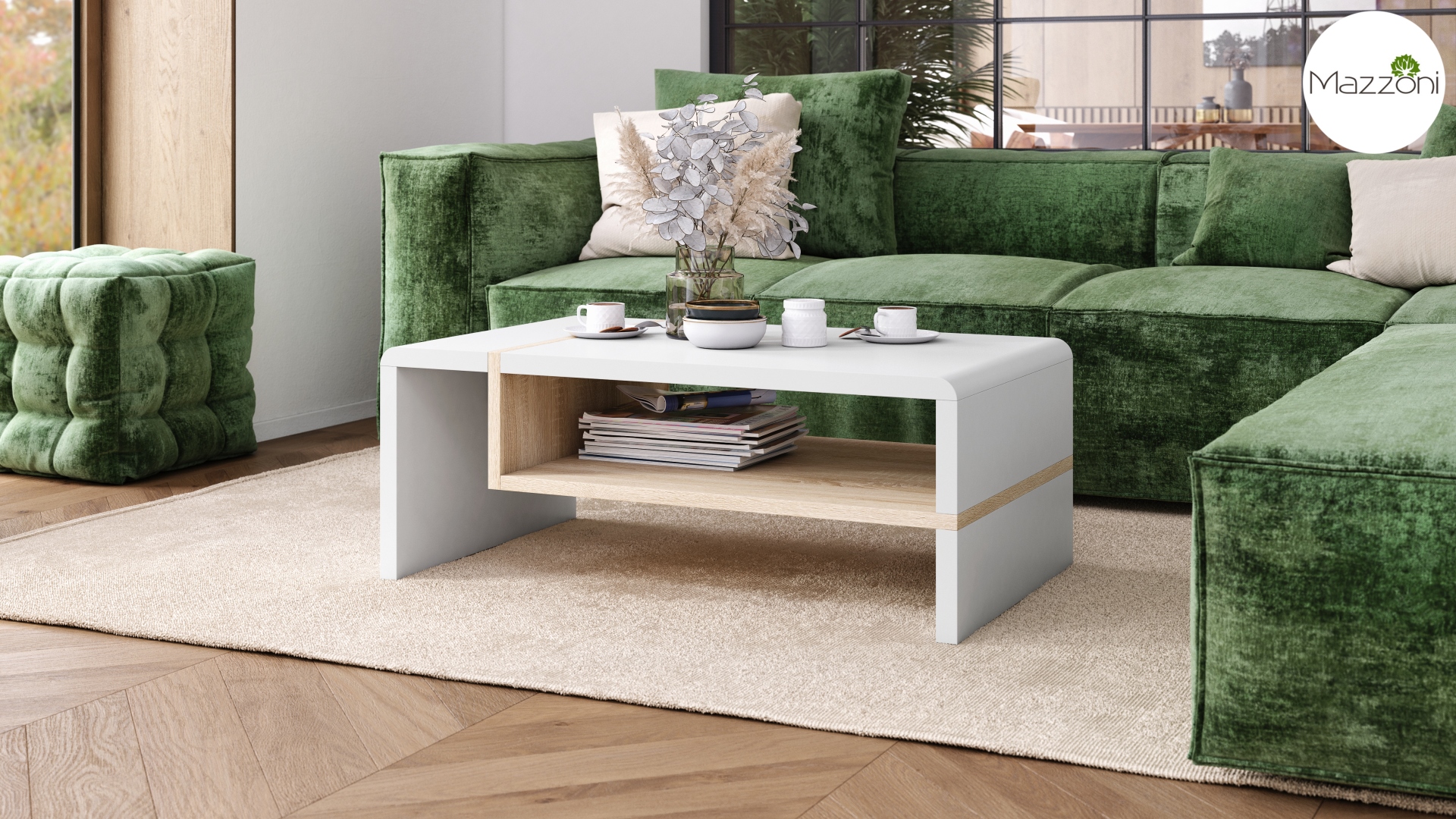 FOLK Bialy Mat/Dąb Sonoma – Nowoczesna Ława z Półką