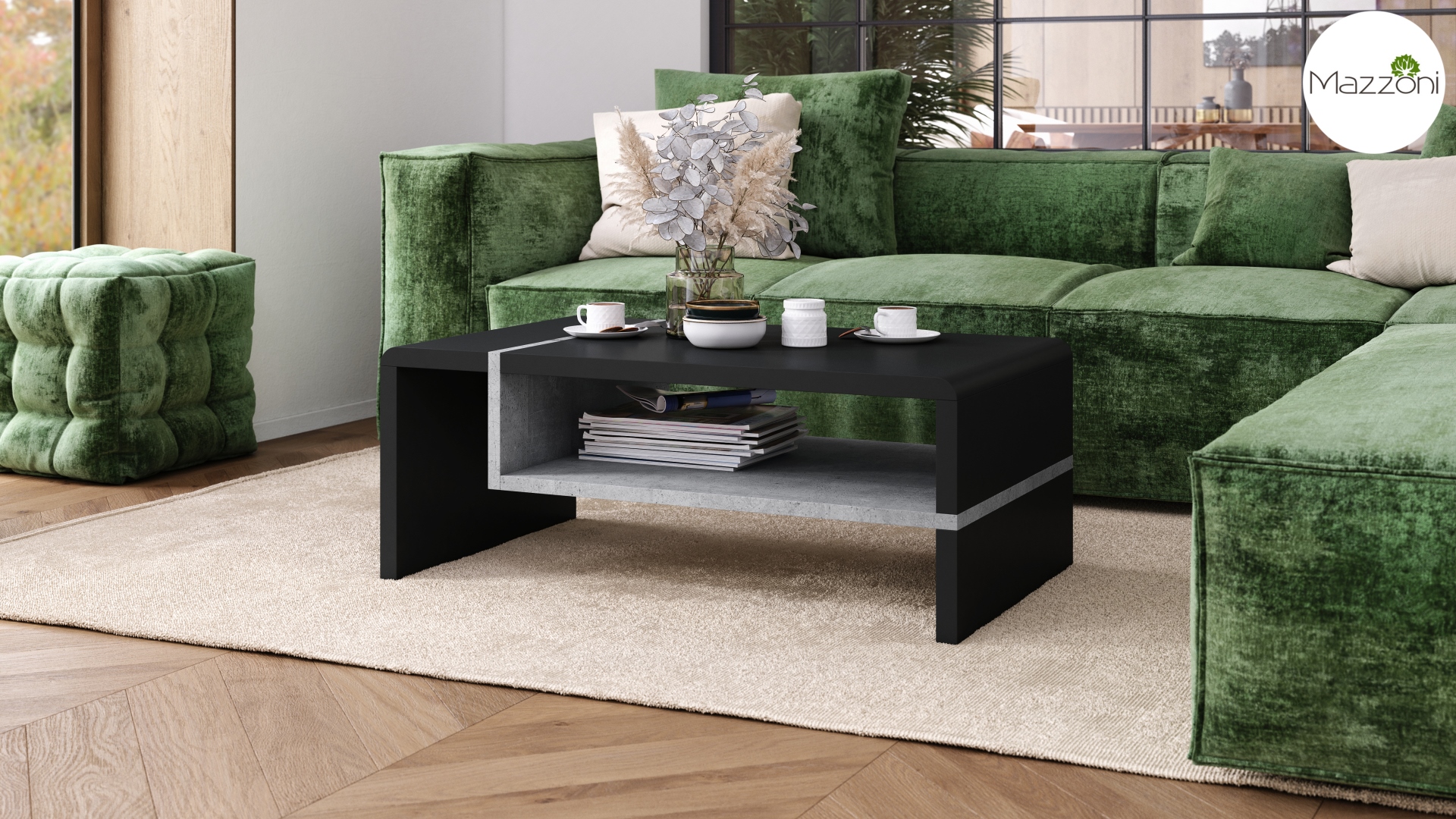 FOLK Czarny mat/Beton Milenium – Nowoczesna Ława z Półką