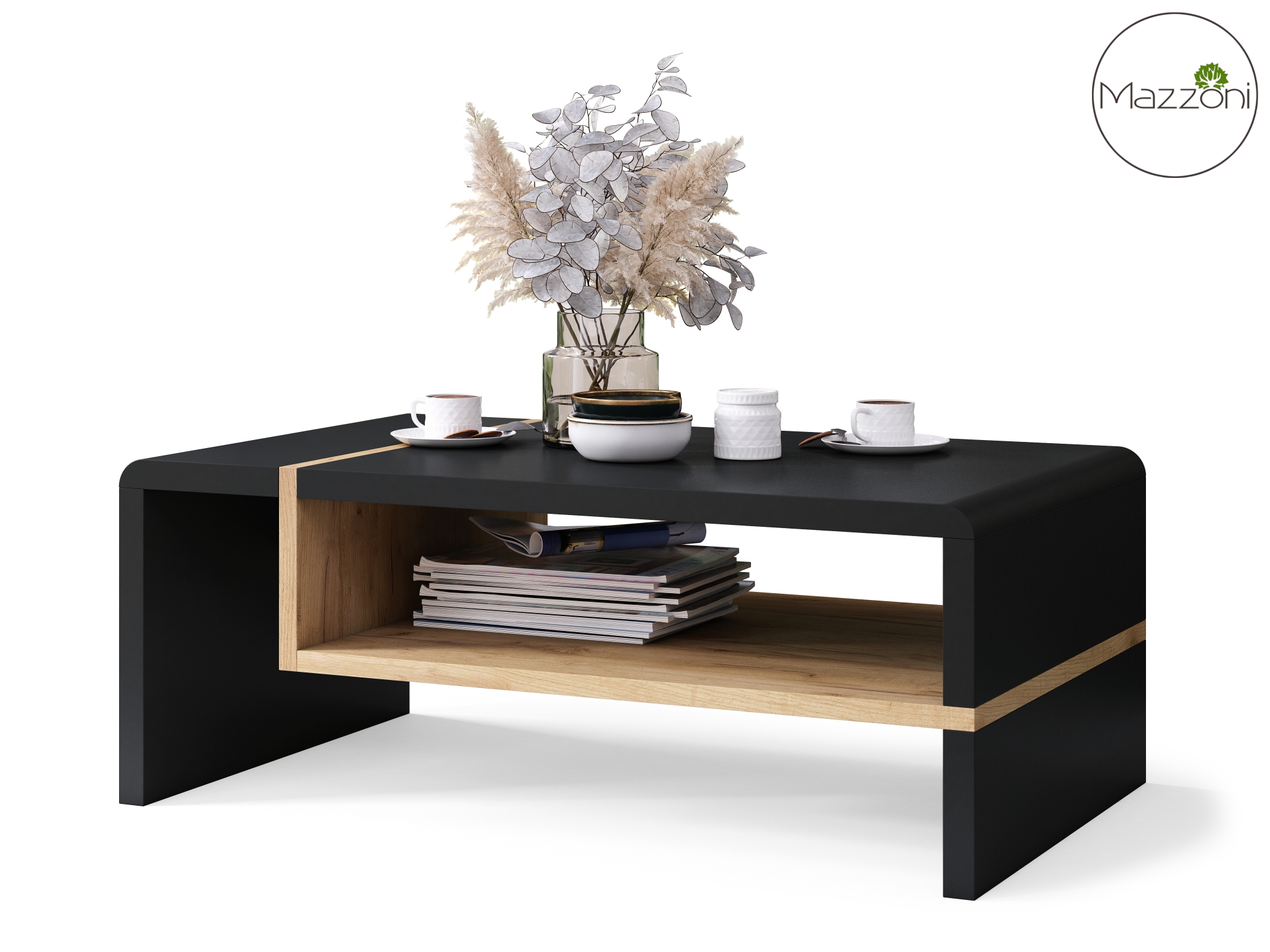 FOLK Czarny mat/Dąb craft zloty – Nowoczesna Ława z Półką - obrazek 3