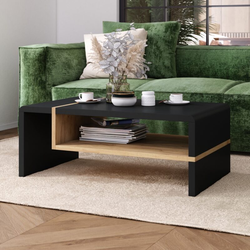 FOLK Czarny mat/Dąb craft zloty – Nowoczesna Ława z Półką