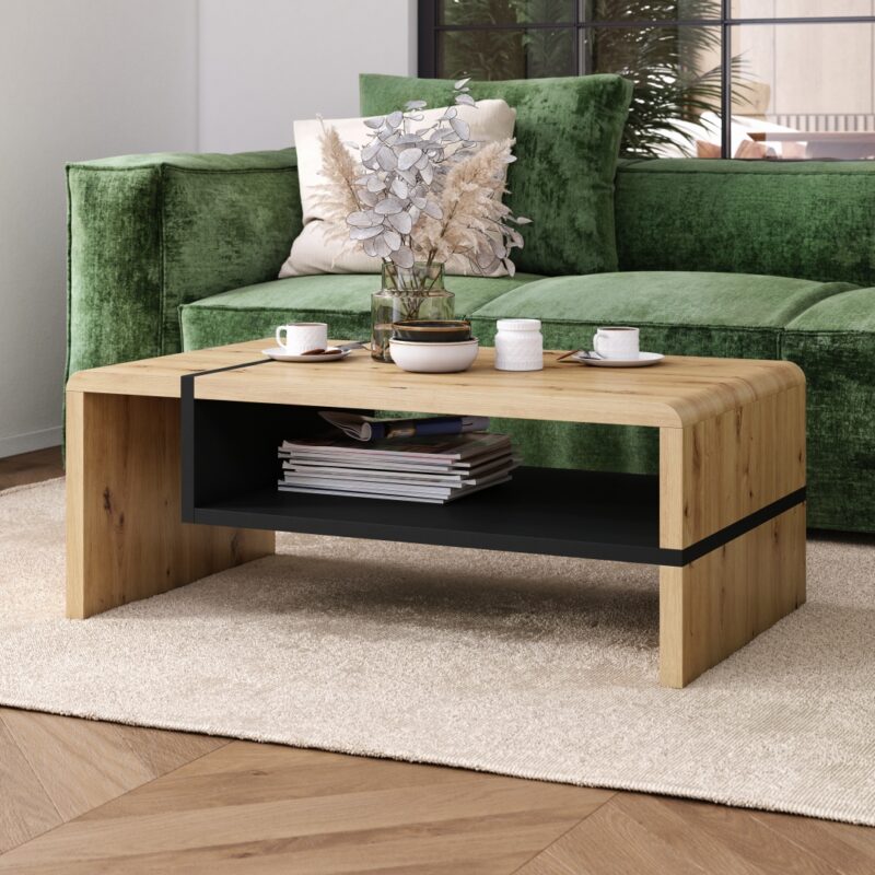 FOLK Dąb Artisan/Czarny – Nowoczesna Ława z Półką