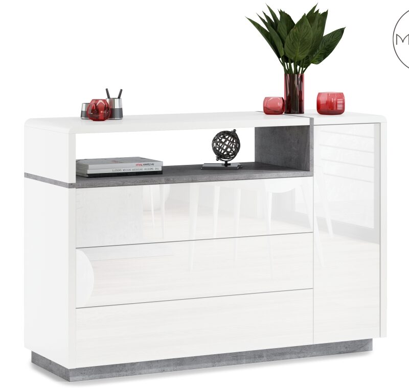 Komoda FOLK K-135 Biały Połysk/Mat + Beton Millenium