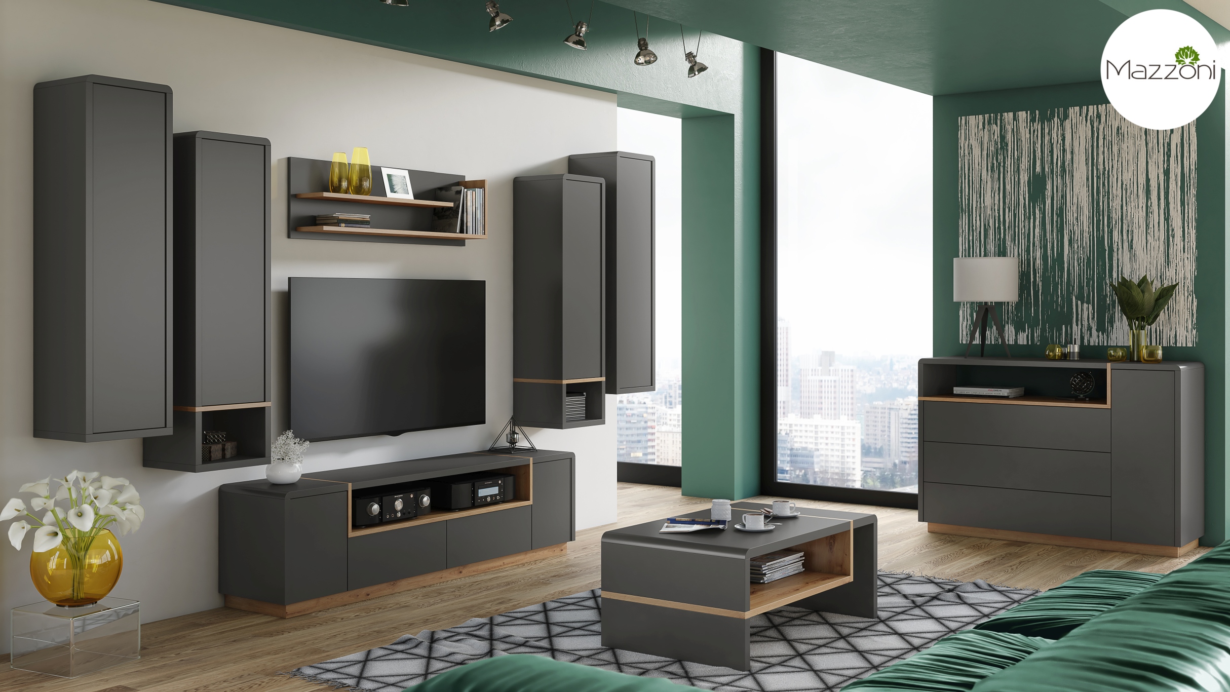 Szafka RTV FOLK 185 cm – Antracyt / Dąb Artisan - obrazek 5