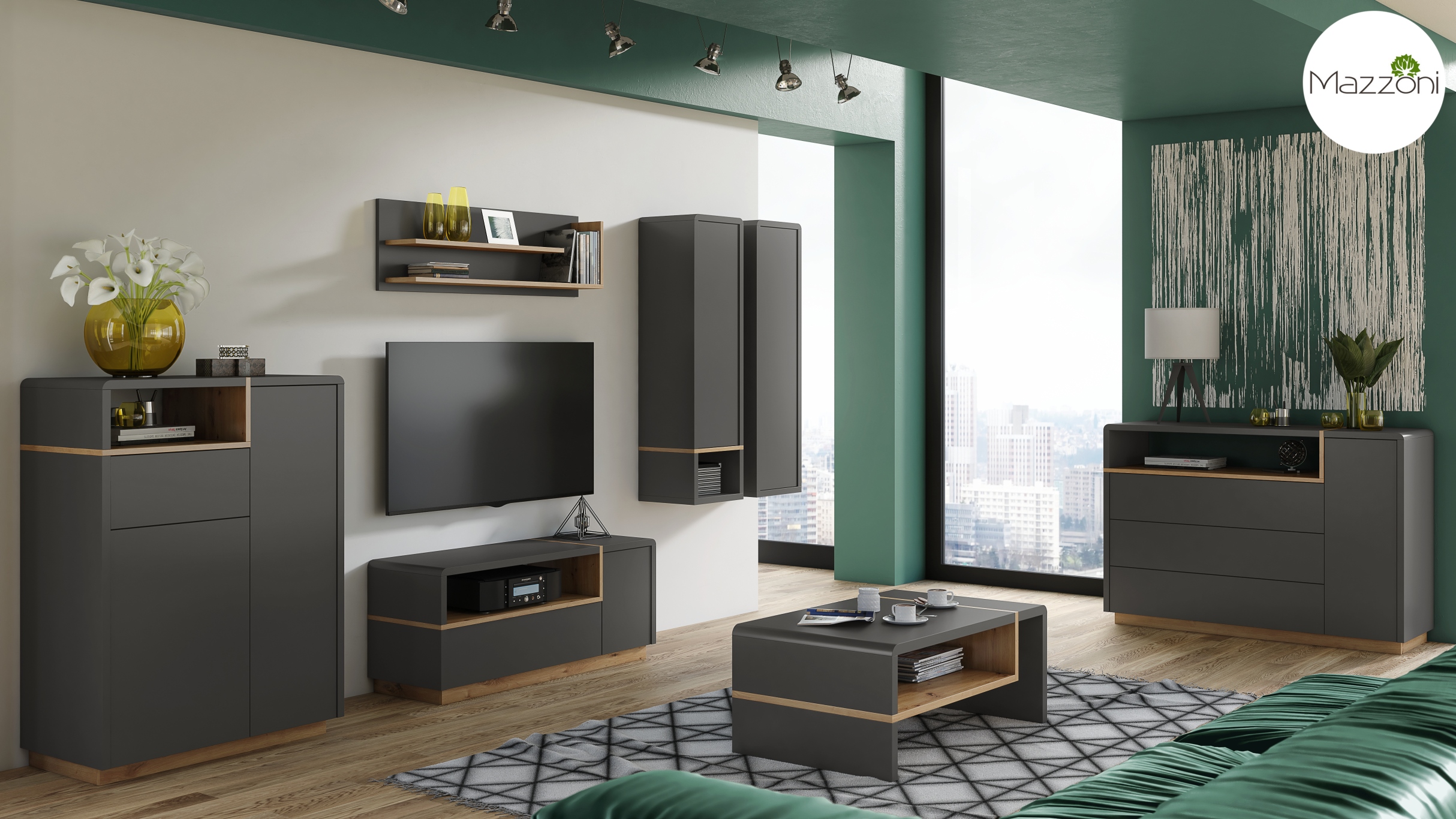 FOLK Antracyt/Dąb Artisan – Nowoczesna Ława z Półką - obrazek 4