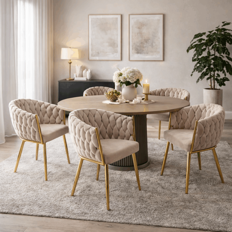 Krzesło tapicerowane ADLELA – beżowo-złote velvet, styl glamour