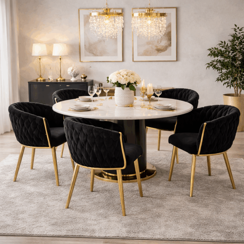 Krzesło tapicerowane ADLELA – czarne-złote velvet, styl glamour