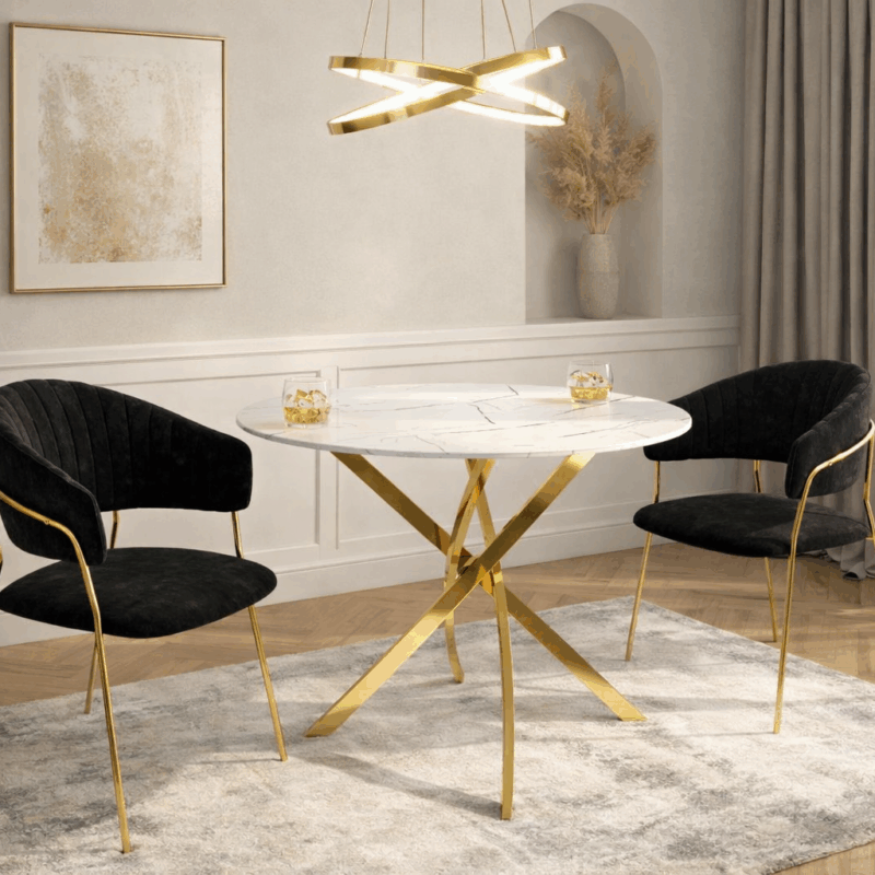 Stół ELIZ Biały Marmur/Złoto – elegancki okrągły stół do jadalni i salonu