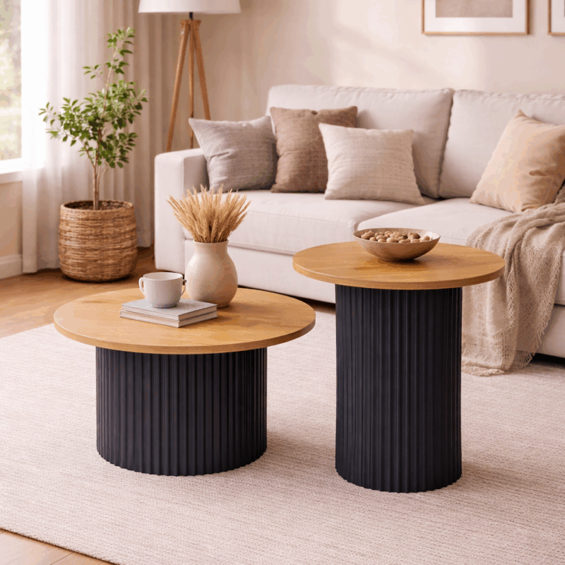 Zestaw stolików kawowych – dąb naturalny / czarny metal