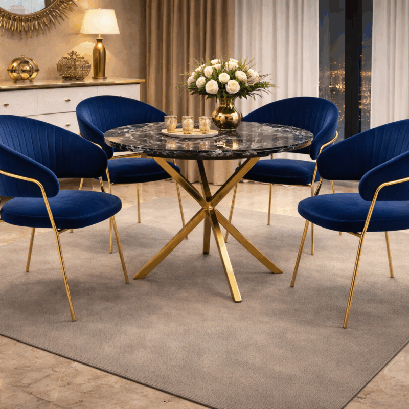 Stół ELIZ Czarny Marmur/Złoto – elegancki okrągły stół do jadalni i salonu